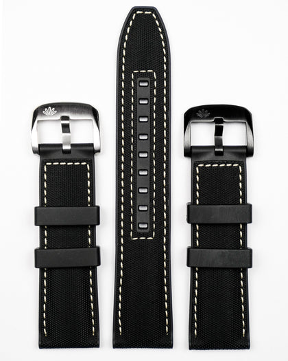 Premium hybrid straps in black with white stitching and rubber keepers, featuring a polished silver-tone buckle, displayed on a white background - Under the Cuff's Hybrid Strap Collection blending style and durability.